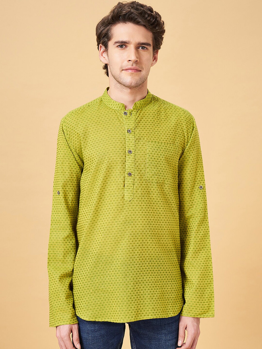 

indus route by Pantaloons Geometric Woven Design Mandarin Collar Long Sleeves Cotton Kurta, Green