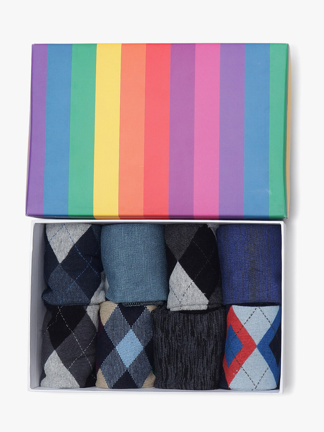 

Soxytoes Men Pack Of 8 Patterned Cotton Calf Length Socks, Grey