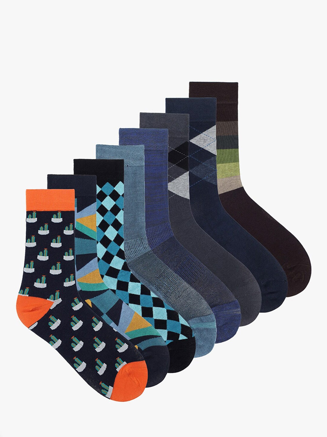 

Soxytoes Men Pack Of 8 Patterned Cotton Calf Length Socks, Navy blue