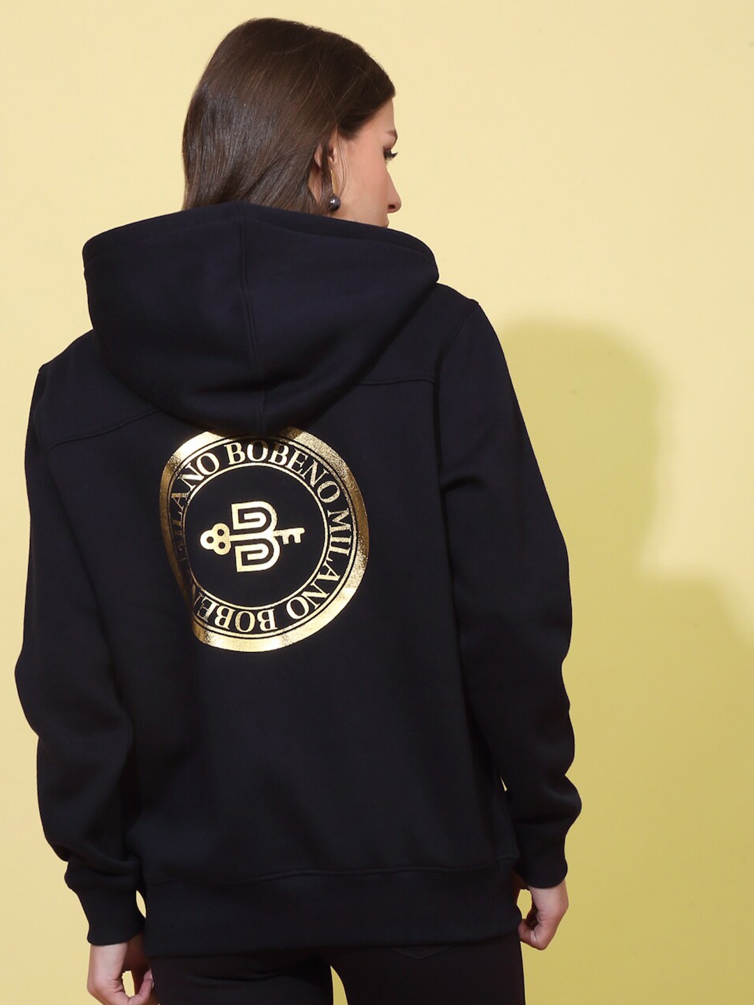 

Bobeno Milano Typography Printed Hooded Fleece Sweatshirt, Navy blue