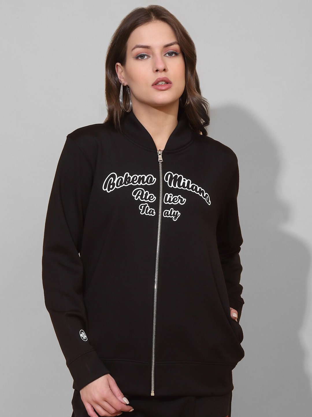 

Bobeno Milano Typography Printed Mock Collar Front-Open Sweatshirt, Black