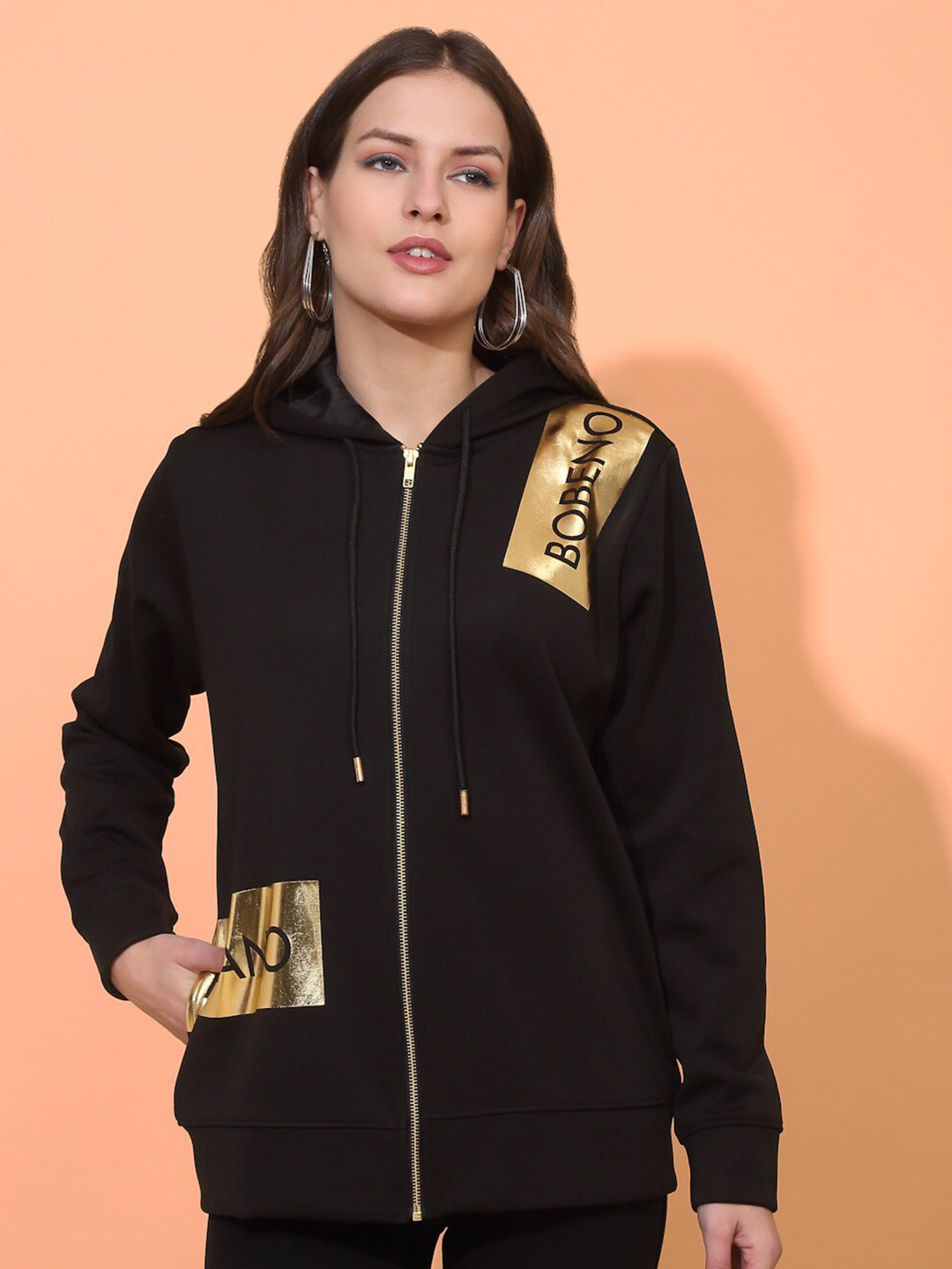 

Bobeno Milano Typography Printed Hooded Front-Open Sweatshirt, Black