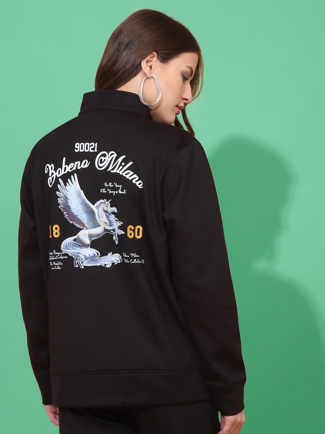 

Bobeno Milano Typography Printed Mock Collar Front-Open Sweatshirt, Black