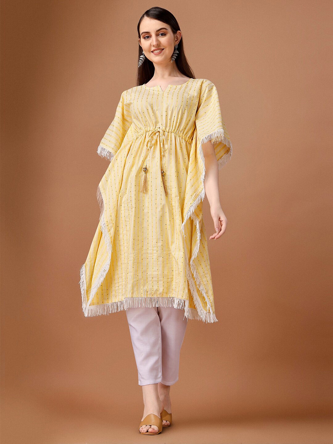 

WILNERCROWN Striped Printed Kaftan Kurta, Yellow