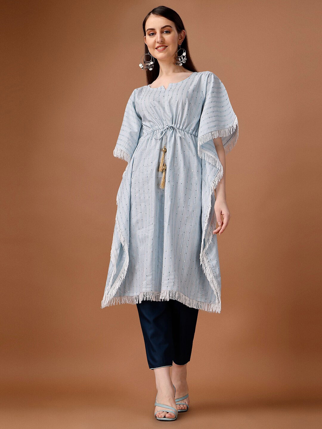 

WILNERCROWN Striped Flared Sleeves Sequinned Kaftan Kurta, Blue