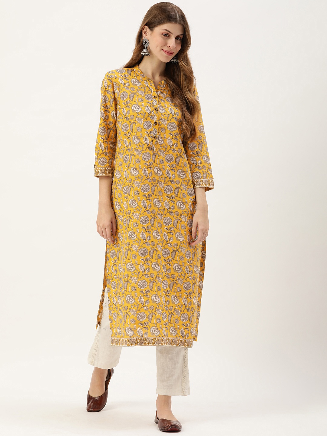 

AMUKTI Women Floral Printed Kurta, Mustard