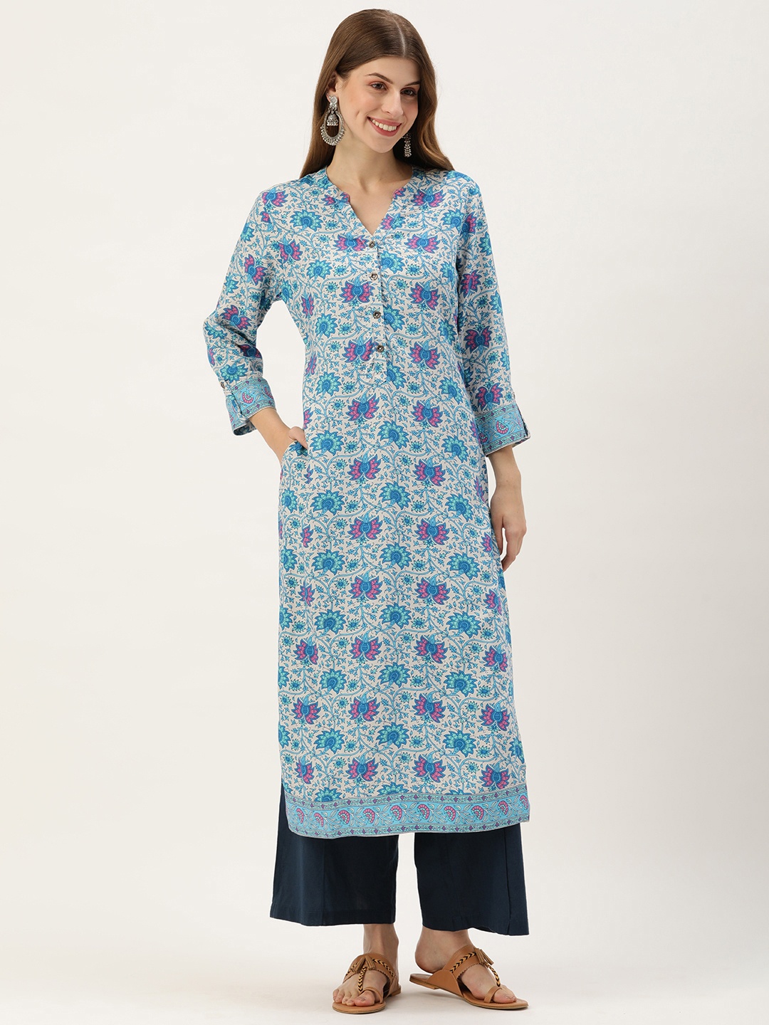 

AMUKTI Women Floral Printed Kurta, Blue