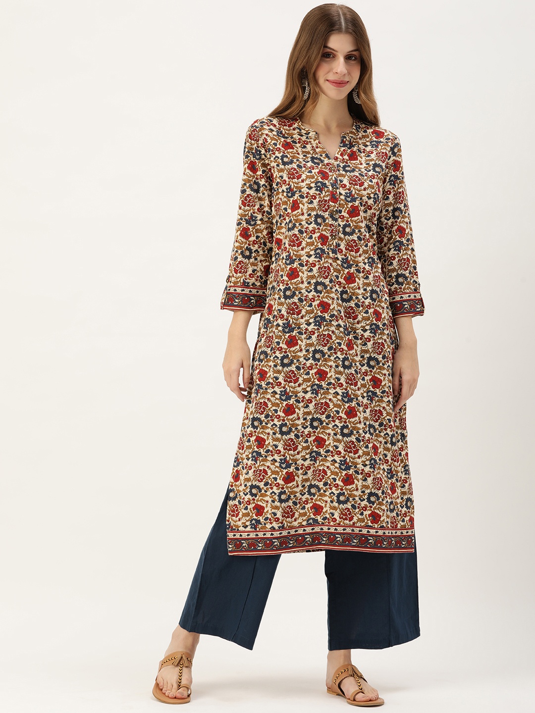 

AMUKTI Women Floral Printed Kurta, Beige