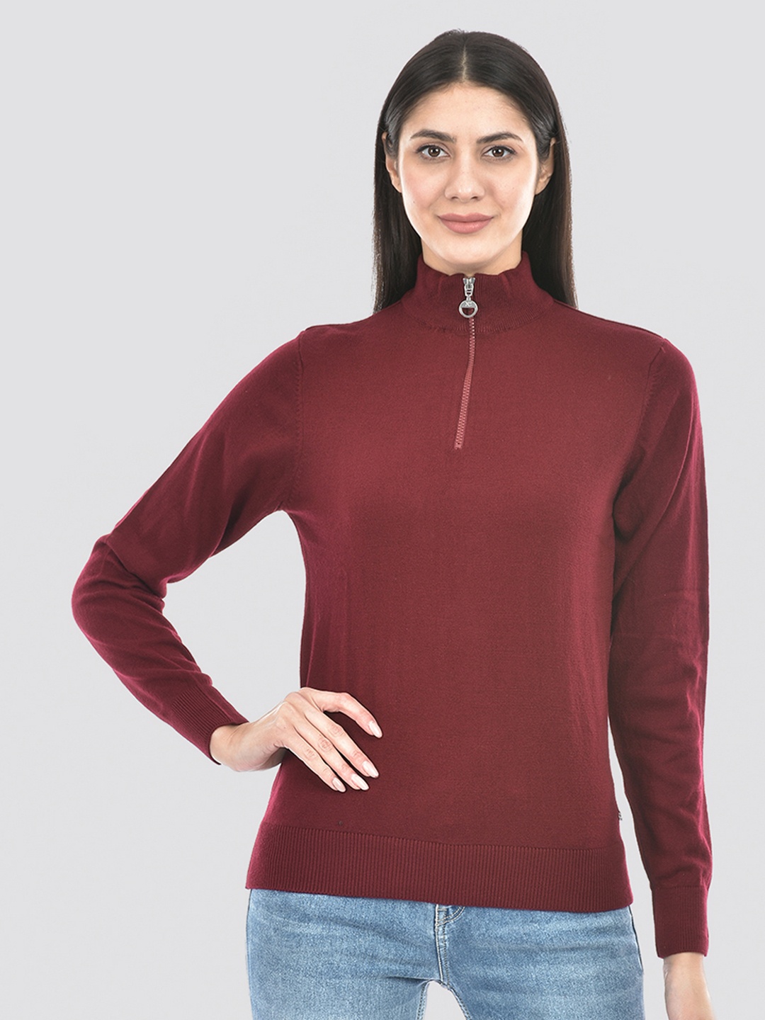 

Numero Uno Mock Collar Acrylic Pullover Sweater, Maroon