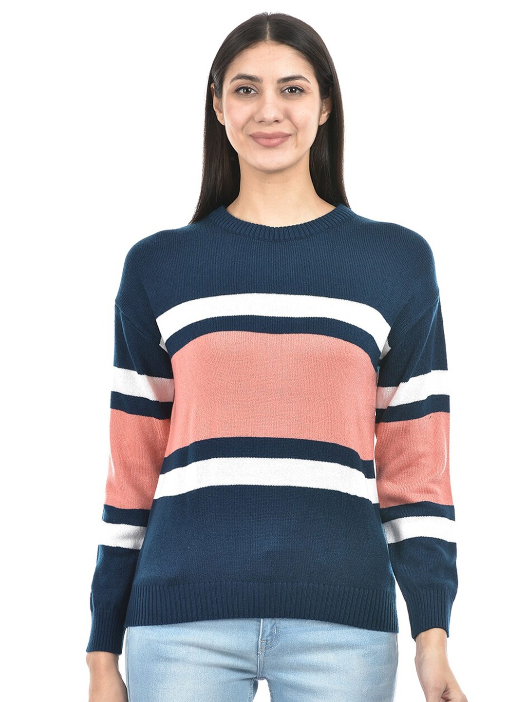 

Numero Uno Striped Round Neck Pure Acrylic Pullover, Blue