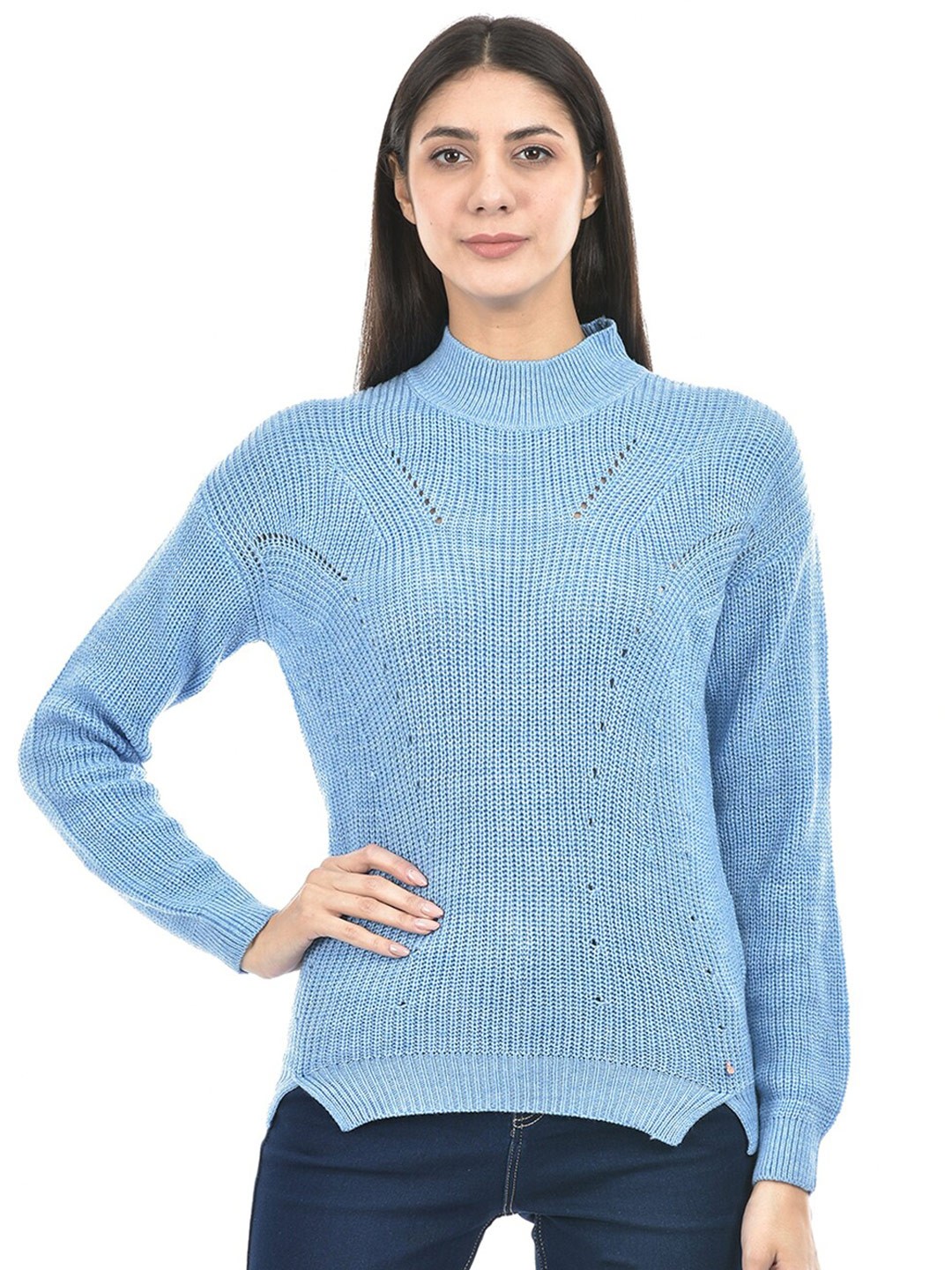 

Numero Uno Self Designed Mock Collar Acrylic Pullover, Blue