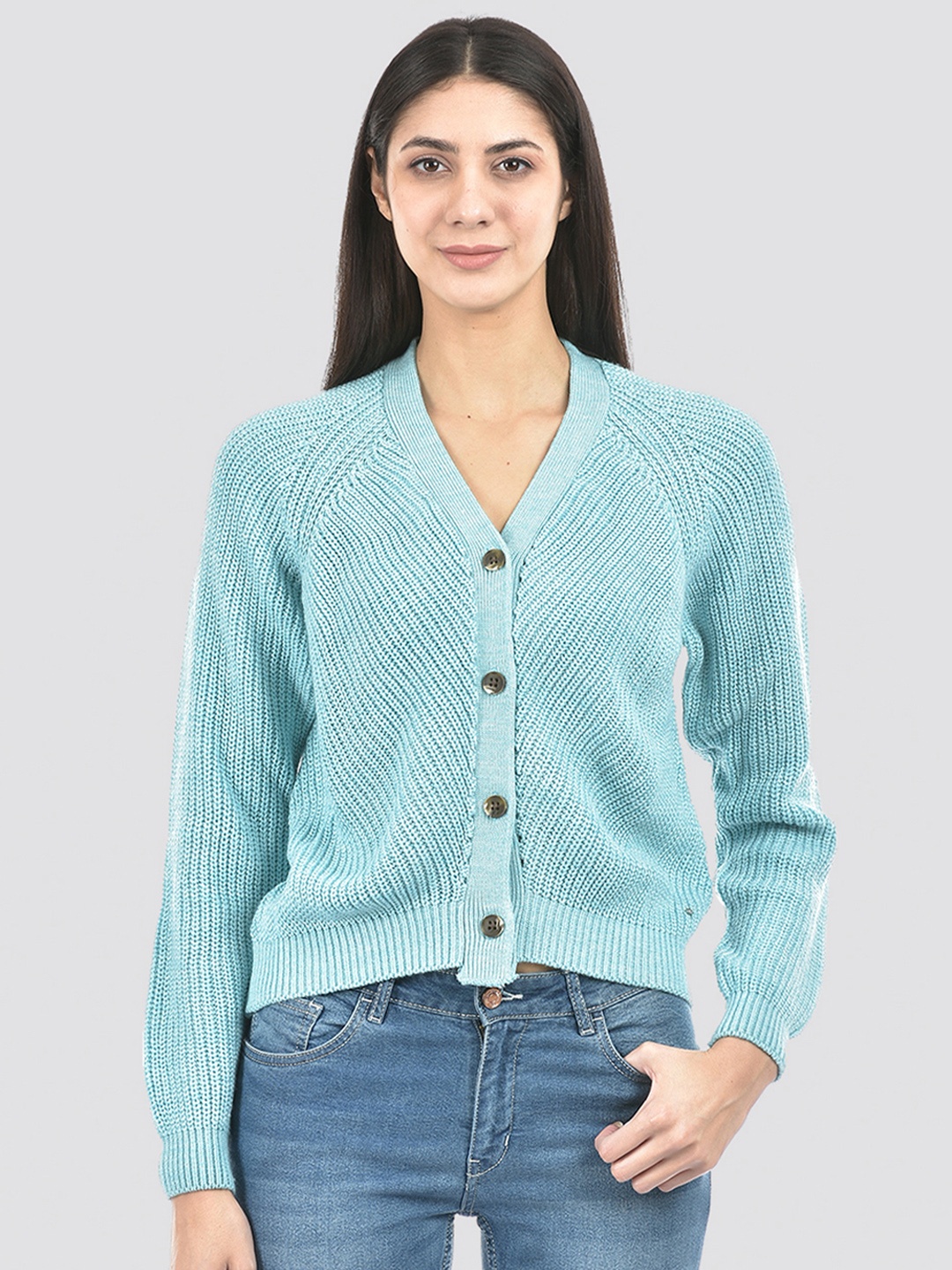 

Numero Uno Ribbed V-Neck Acrylic Cardigan Sweater, Blue