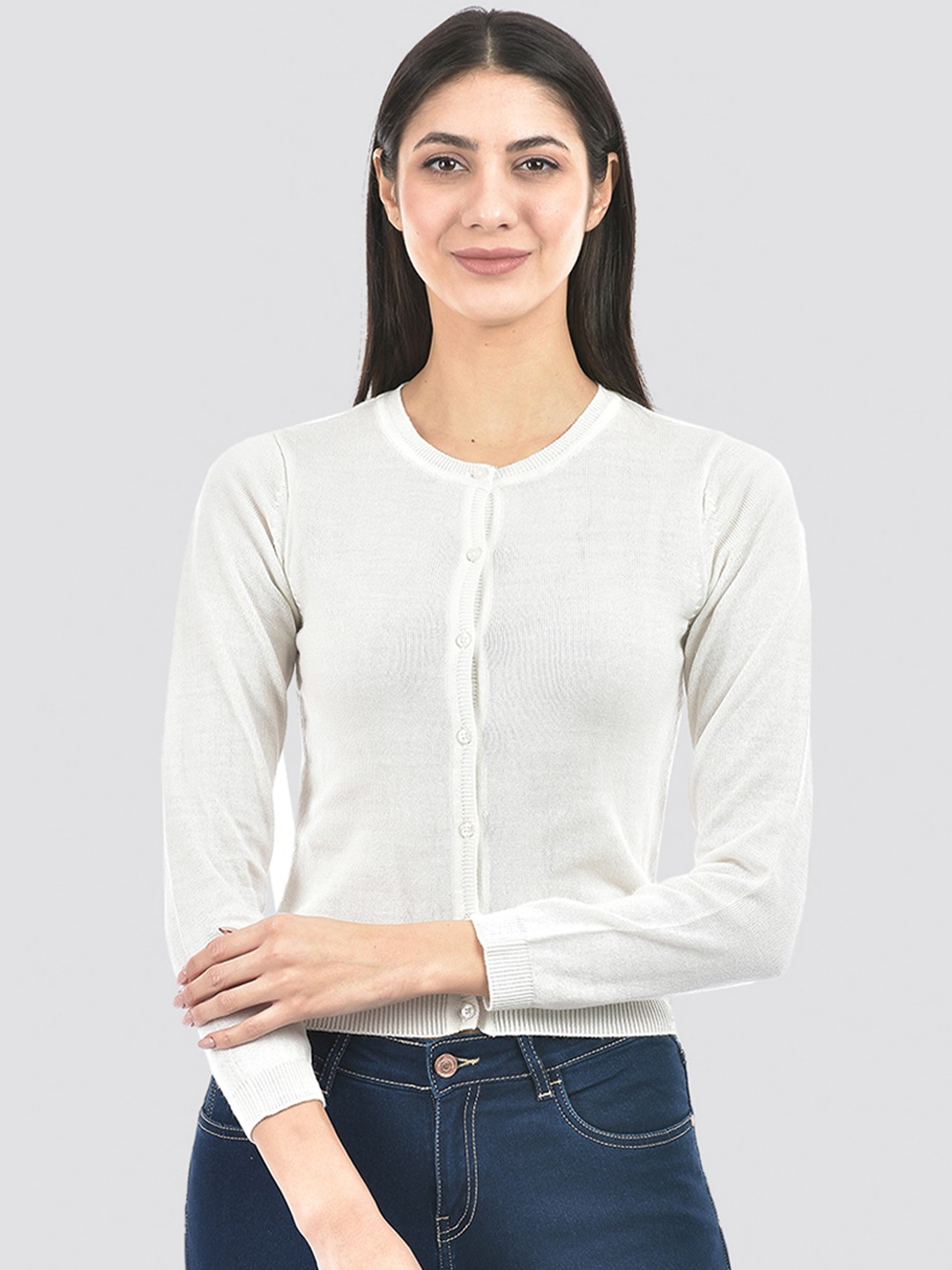 

Numero Uno Round Neck Acrylic Cardigan, White