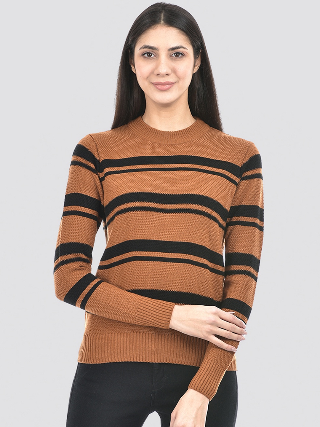 

Numero Uno Striped Round Neck Acrylic Pullover, Camel brown