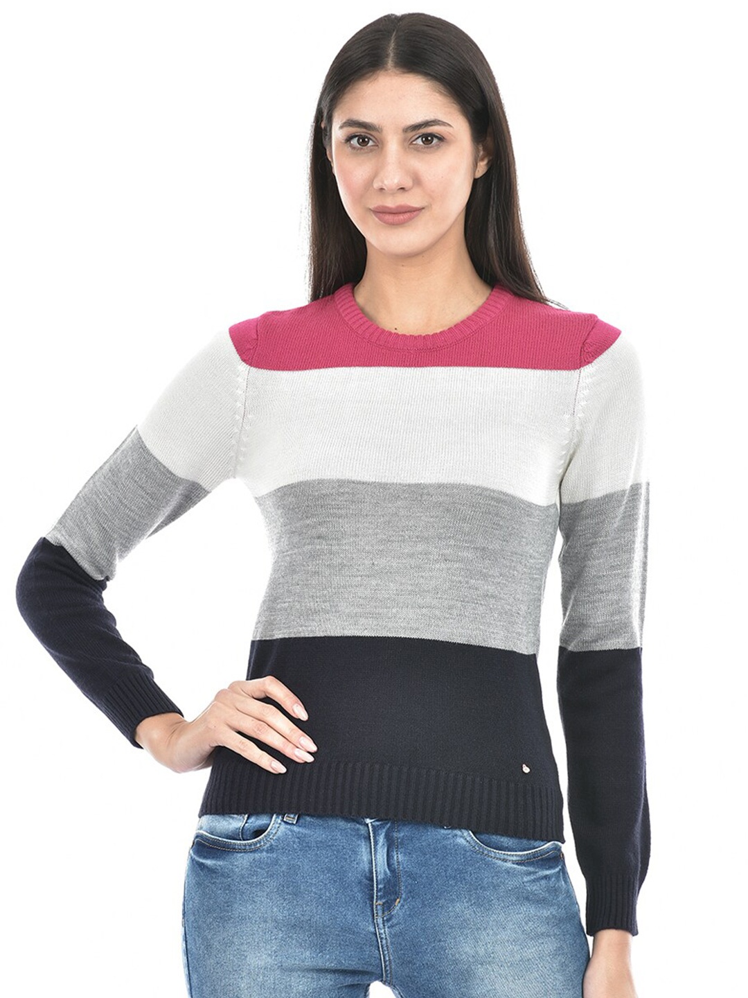 

Numero Uno Colourblocked Round Neck Acrylic Pullover, White