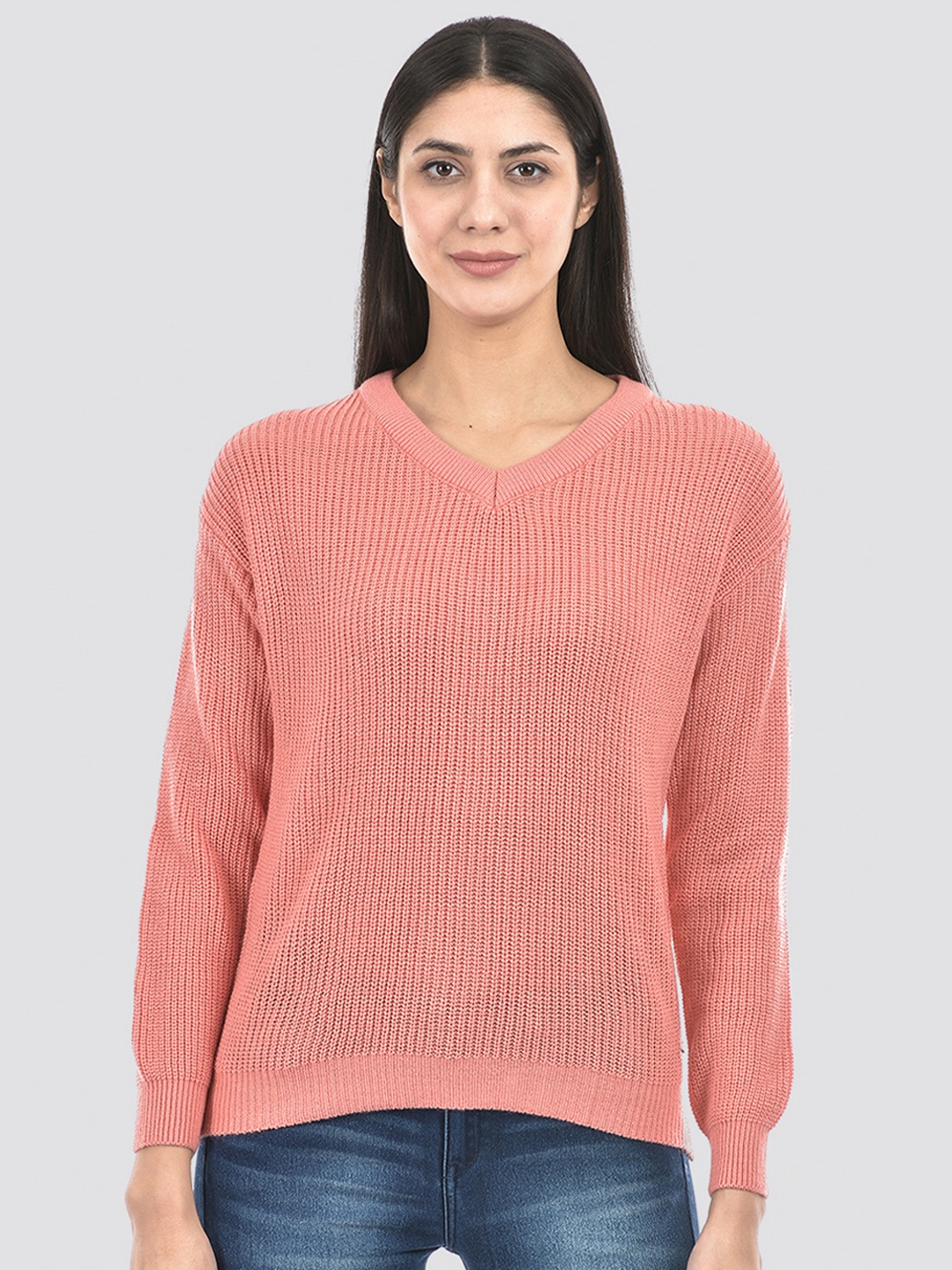 

Numero Uno Ribbed V-Neck Acrylic Pullover, Pink