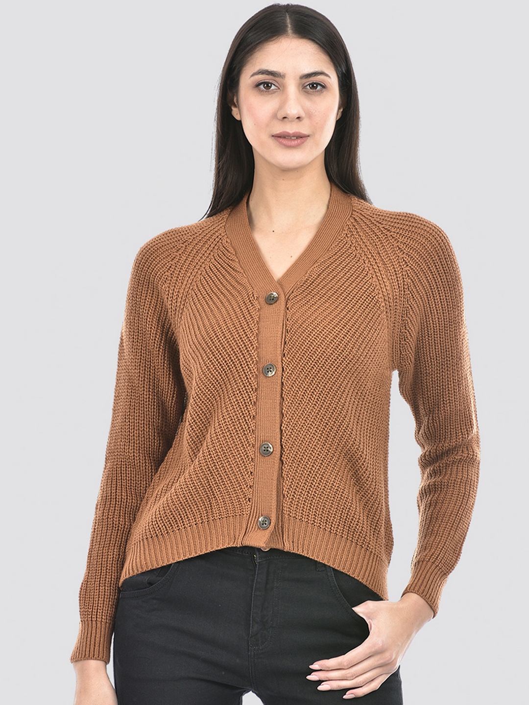 

Numero Uno Round Neck Acrylic Cable Knit Cardigan, Brown