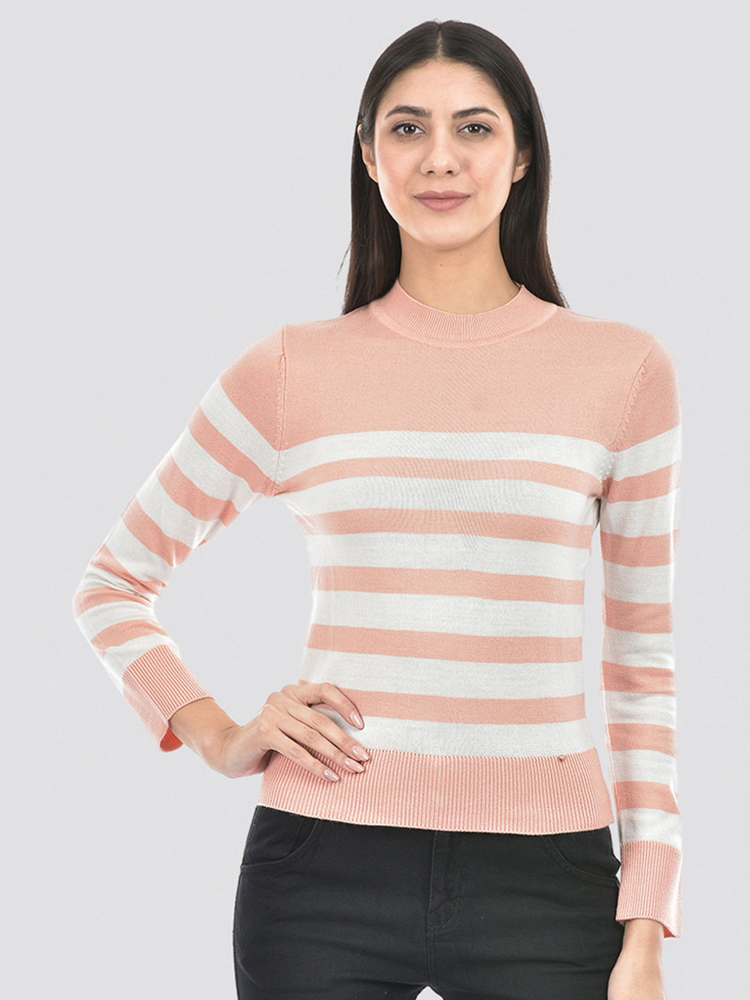 

Numero Uno Striped Round Neck Pure Acrylic Pullover, Pink