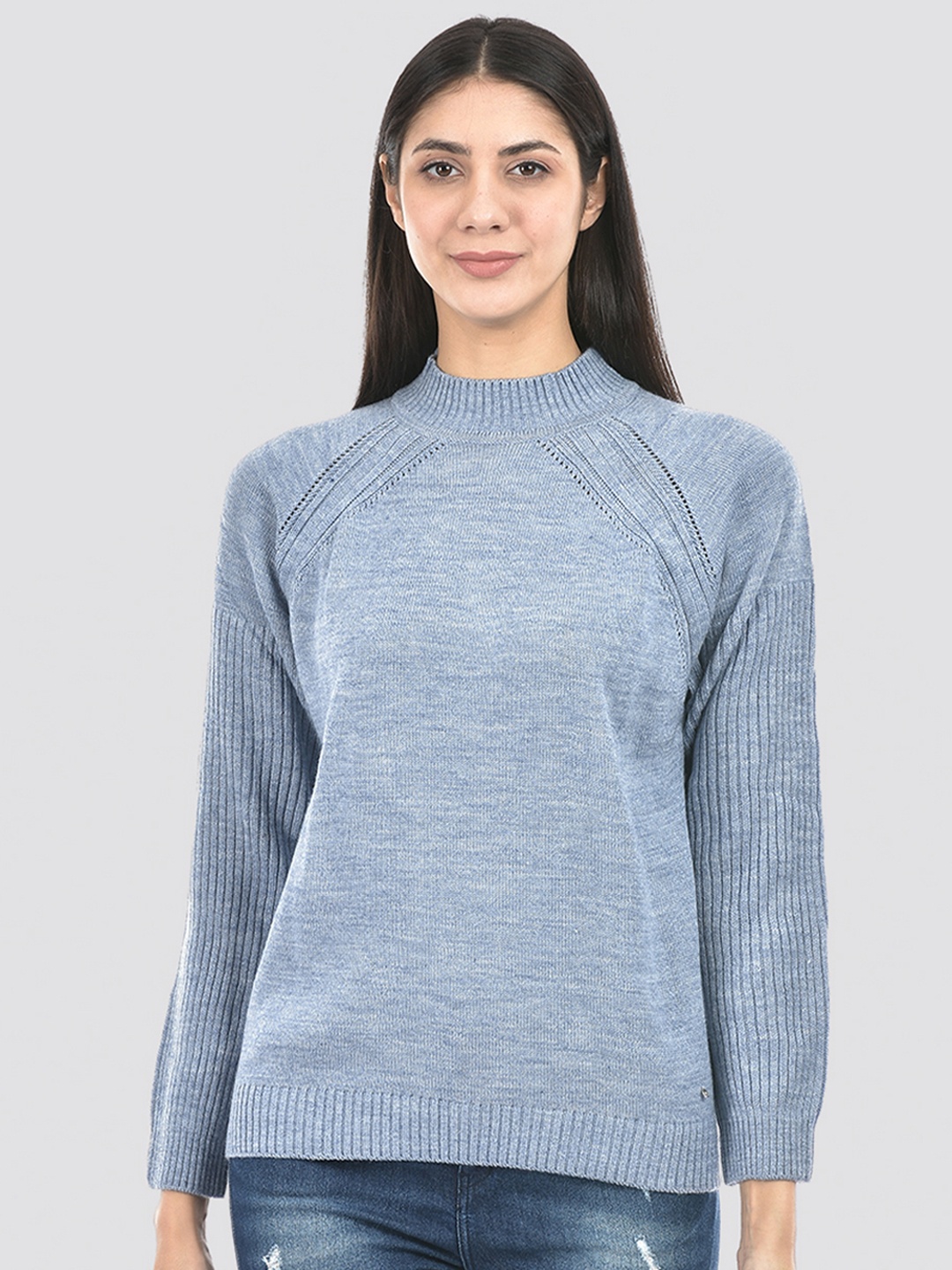 

Numero Uno Self Designed Mock Collar Acrylic Pullover, Blue