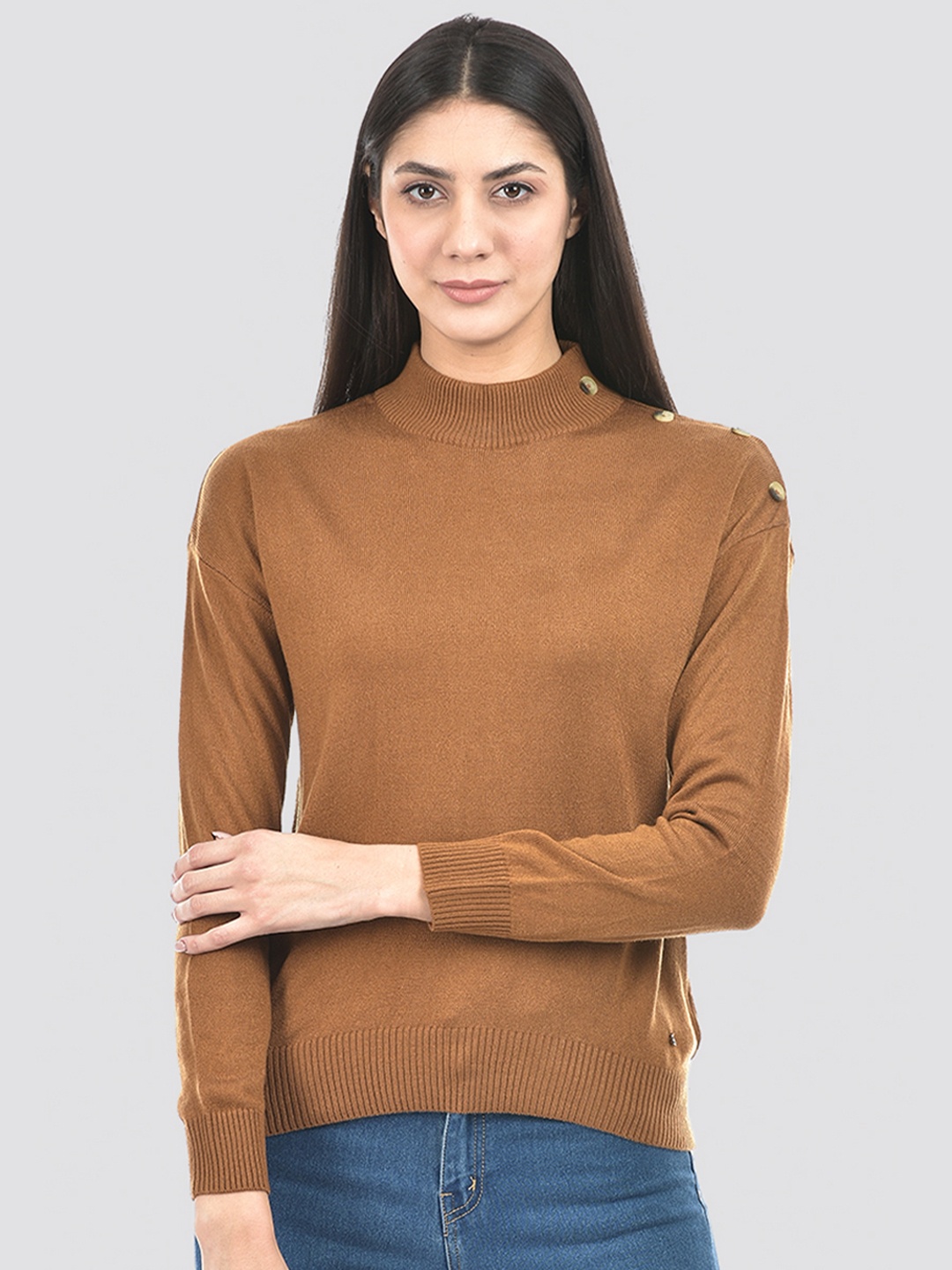 

Numero Uno High Neck Acrylic Pullover Sweater, Camel brown