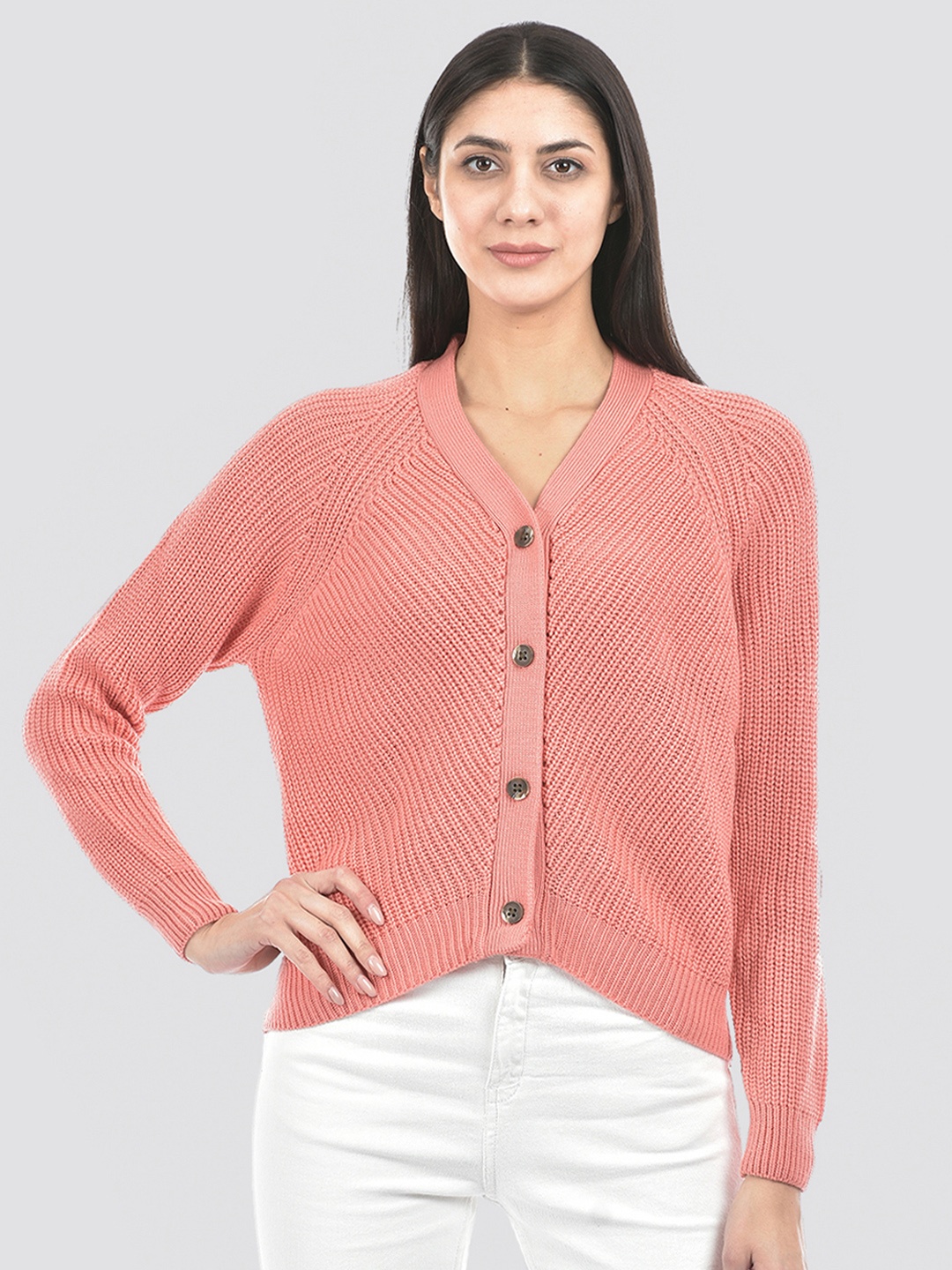 

Numero Uno V-Neck Self Design Acrylic Cable Knit Cardigan Sweaters, Pink