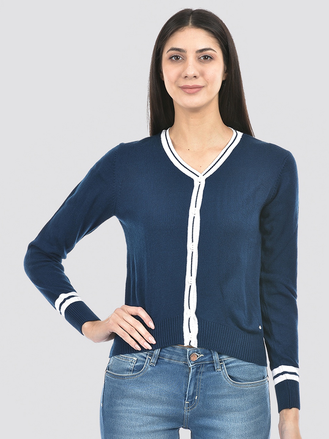 

Numero Uno V-Neck Acrylic Cardigan Sweater, Blue