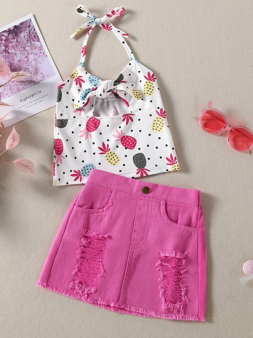 

StyleCast Girls Pink Printed Shoulder Straps Top with Skirt