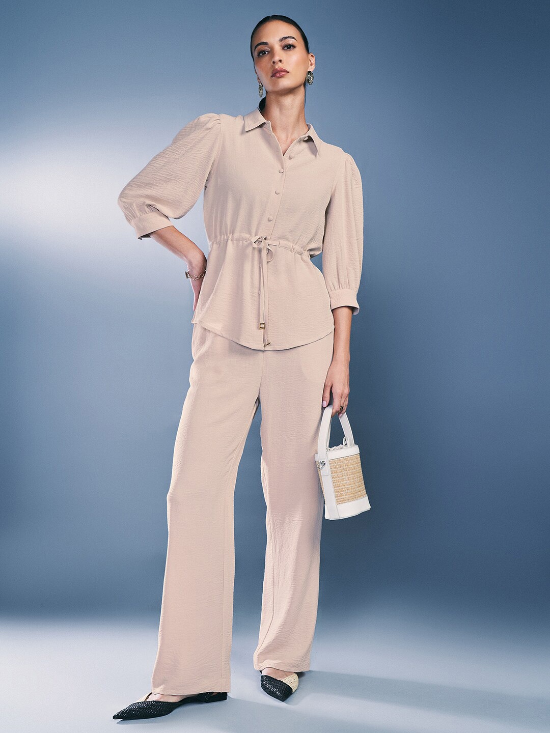 

AND Shirt Collar Three-Quarter Sleeves Top & Trousers, Beige