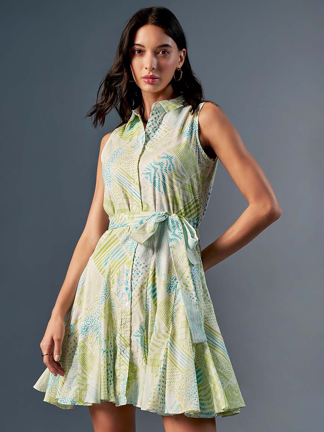

AND Shirt Collar Sleeveless Print A-Line Cotton Dress, Green