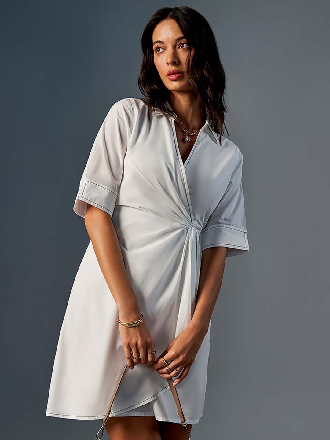 

AND Shirt Collar Short Sleeves A-Line Cotton Dress, White