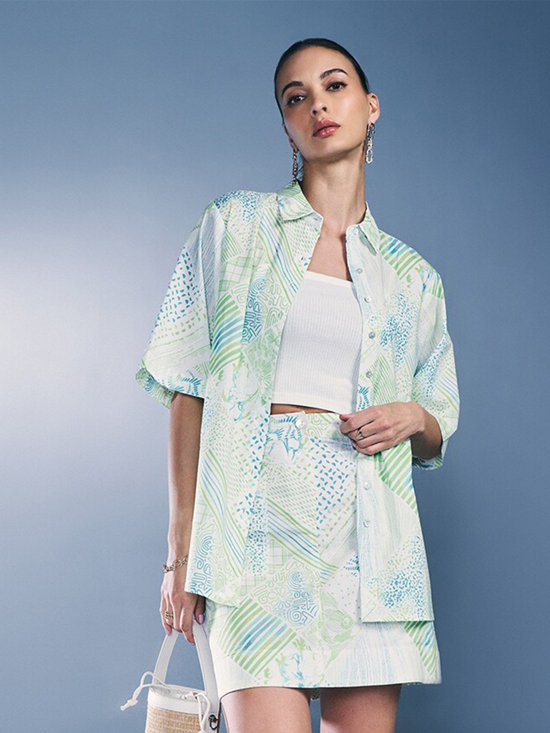 

AND Printed Short Sleeves Shirt & Skirt, Cream