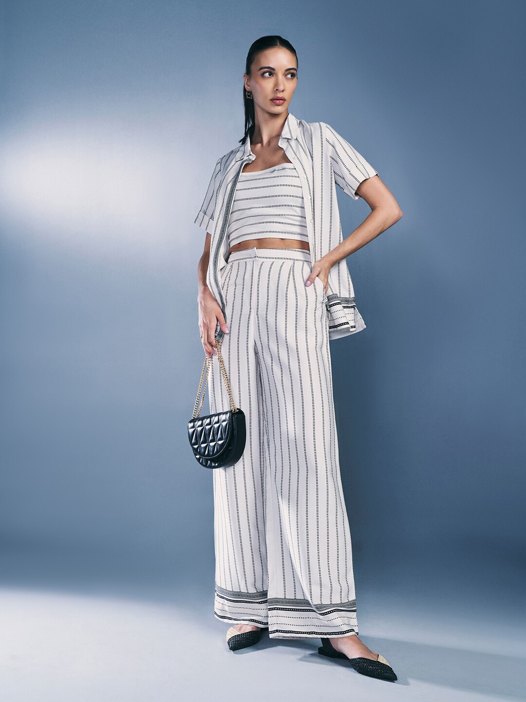 

AND Striped Short Sleeves Shirt & Palazzos, White