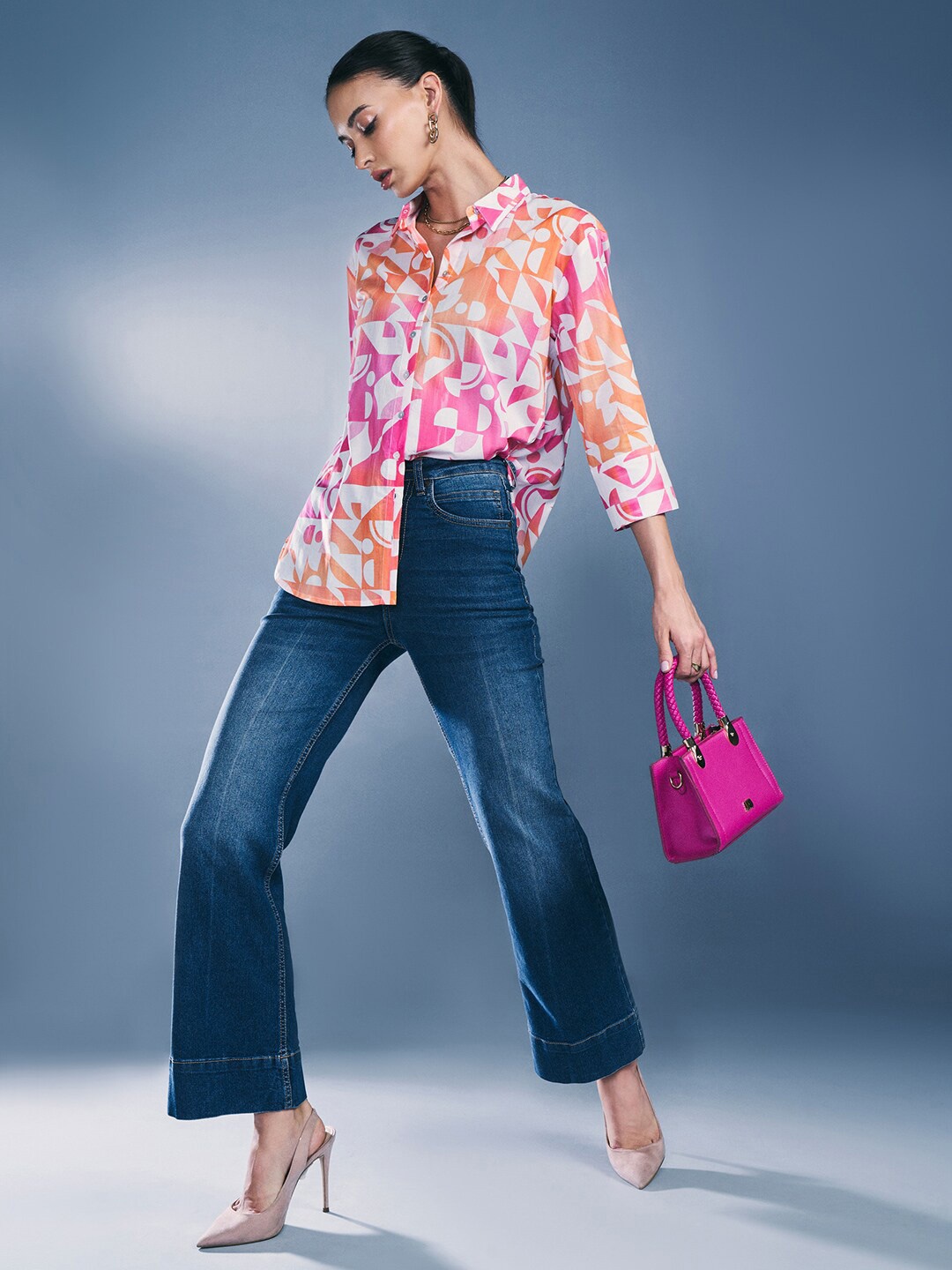 

AND Geometric Print Shirt Collar Cotton Shirt Style Top, Coral
