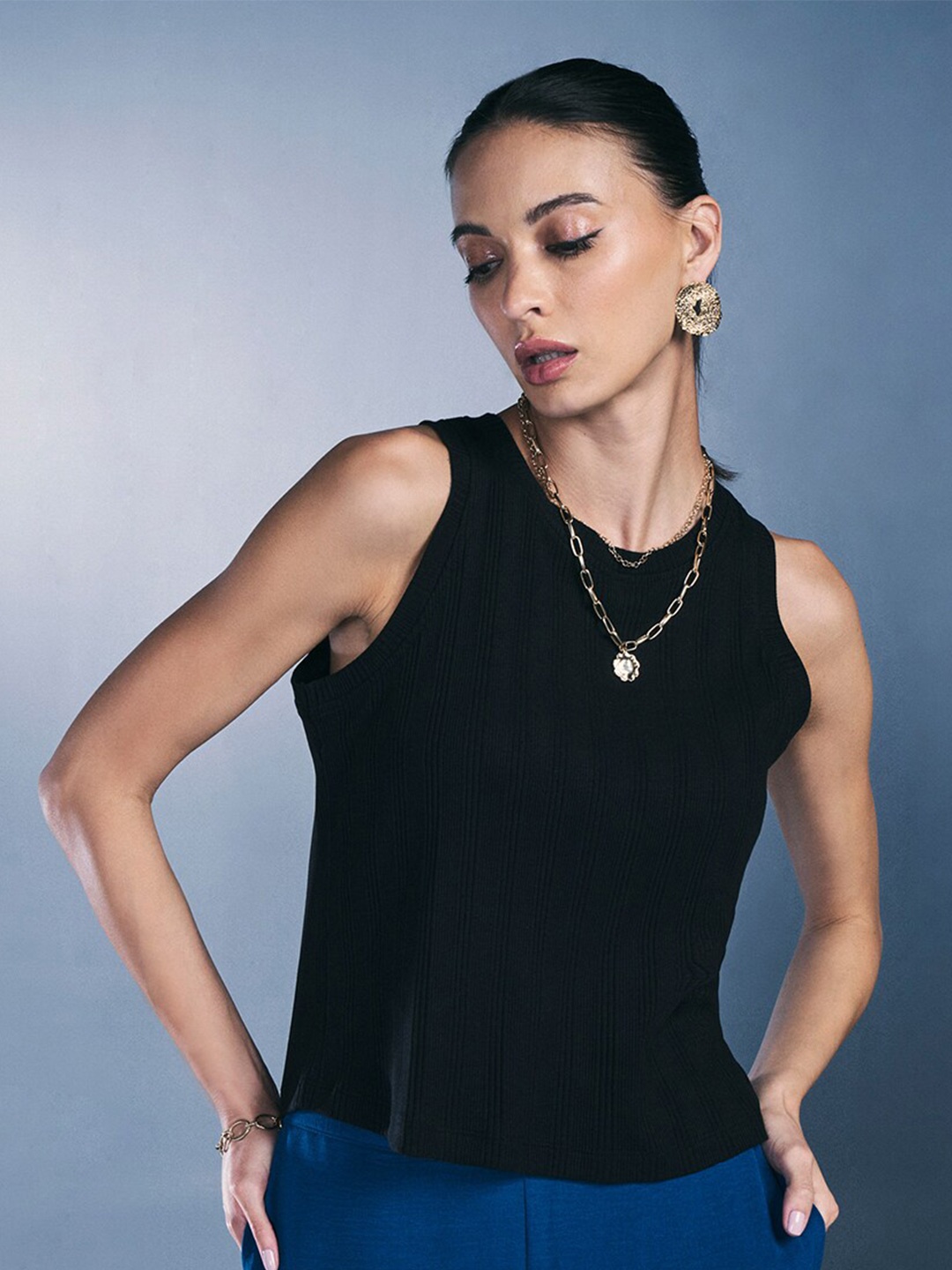 

AND Striped Sleeveless Cotton Top, Black