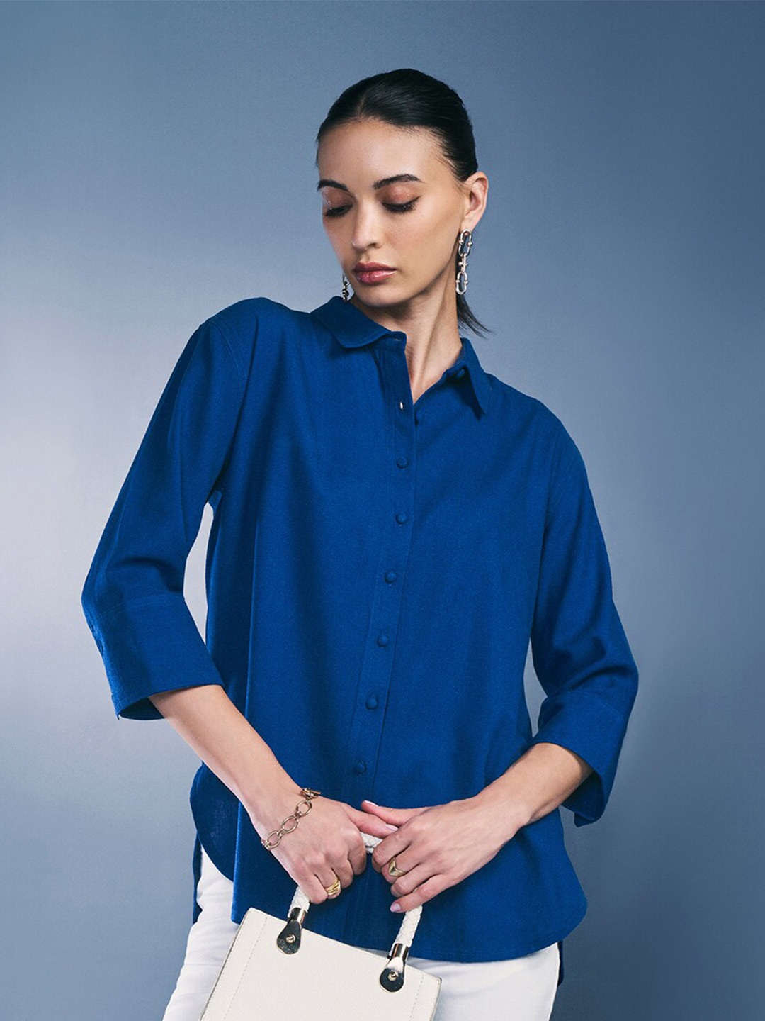 

AND Cuffed Sleeves Shirt Style Top, Blue