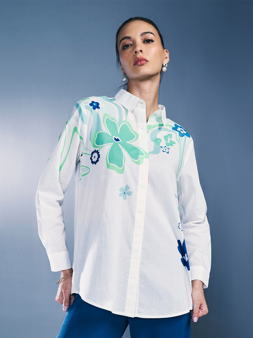 

AND Floral Printed Pure Cotton Shirt Style Top, White
