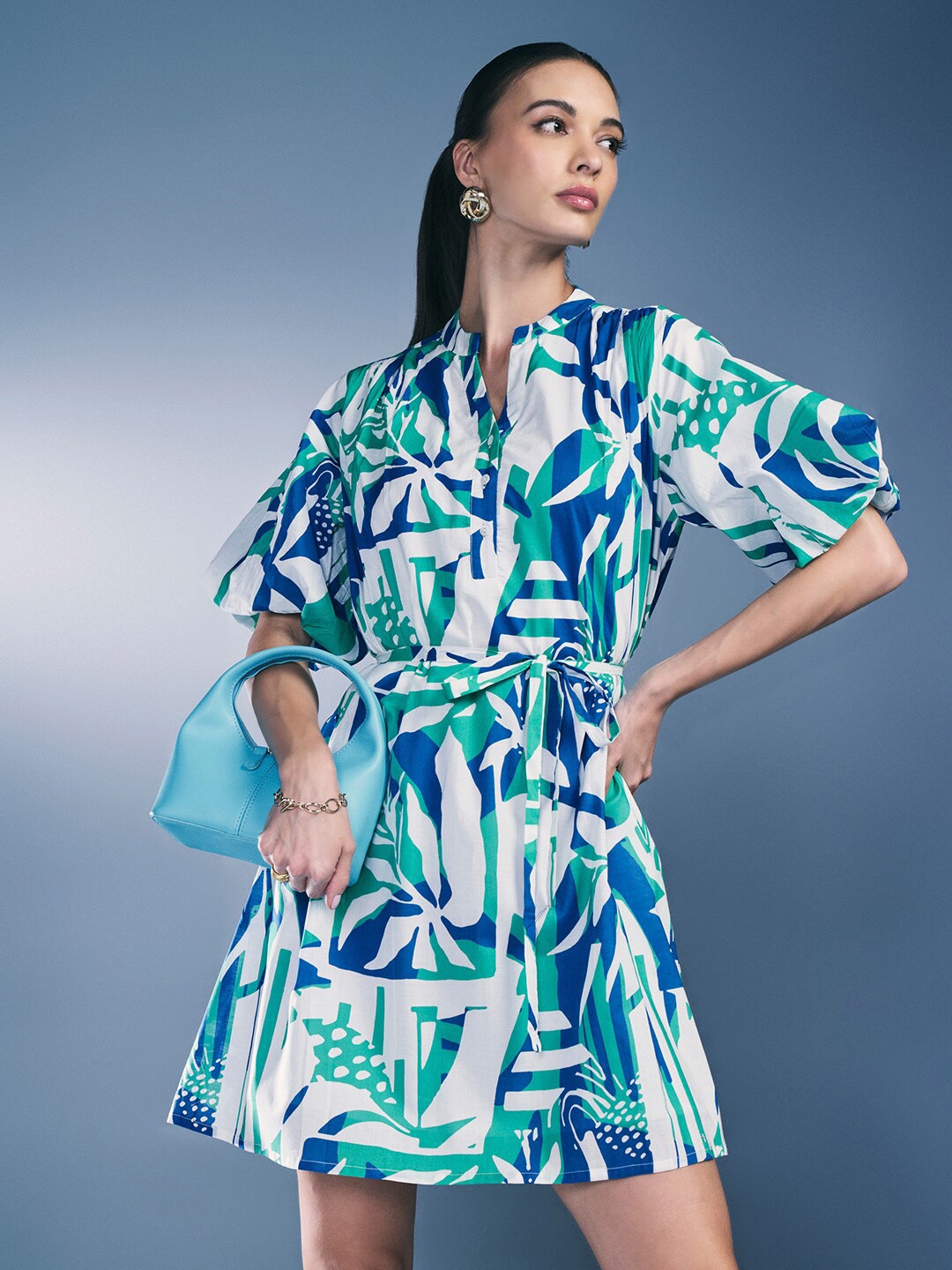 

AND Mandarin Collar Puff Sleeves Tropical Print Blouson Cotton Dress, Blue