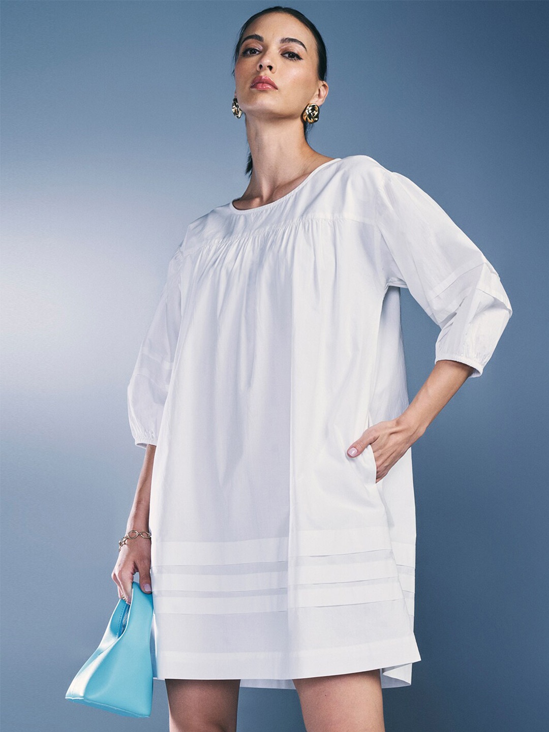 

AND Round Neck Three Quarter Puff Sleeves A-Line Cotton Dress, White