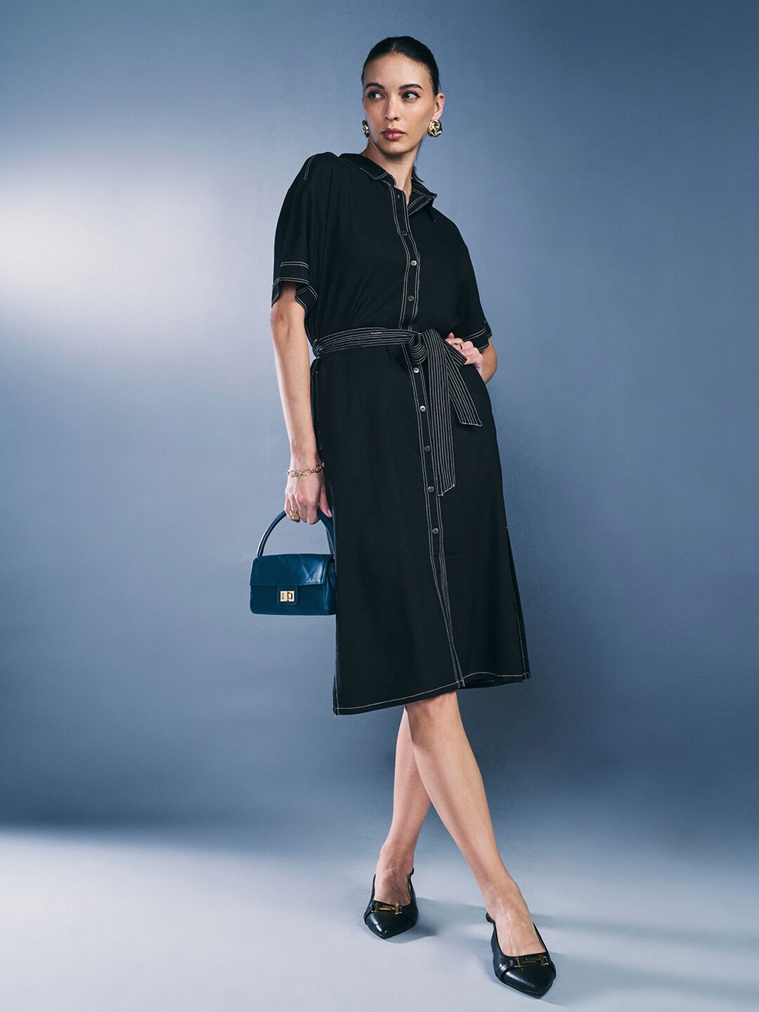

AND Shirt Collar Short Sleeves Shirt Dress, Black