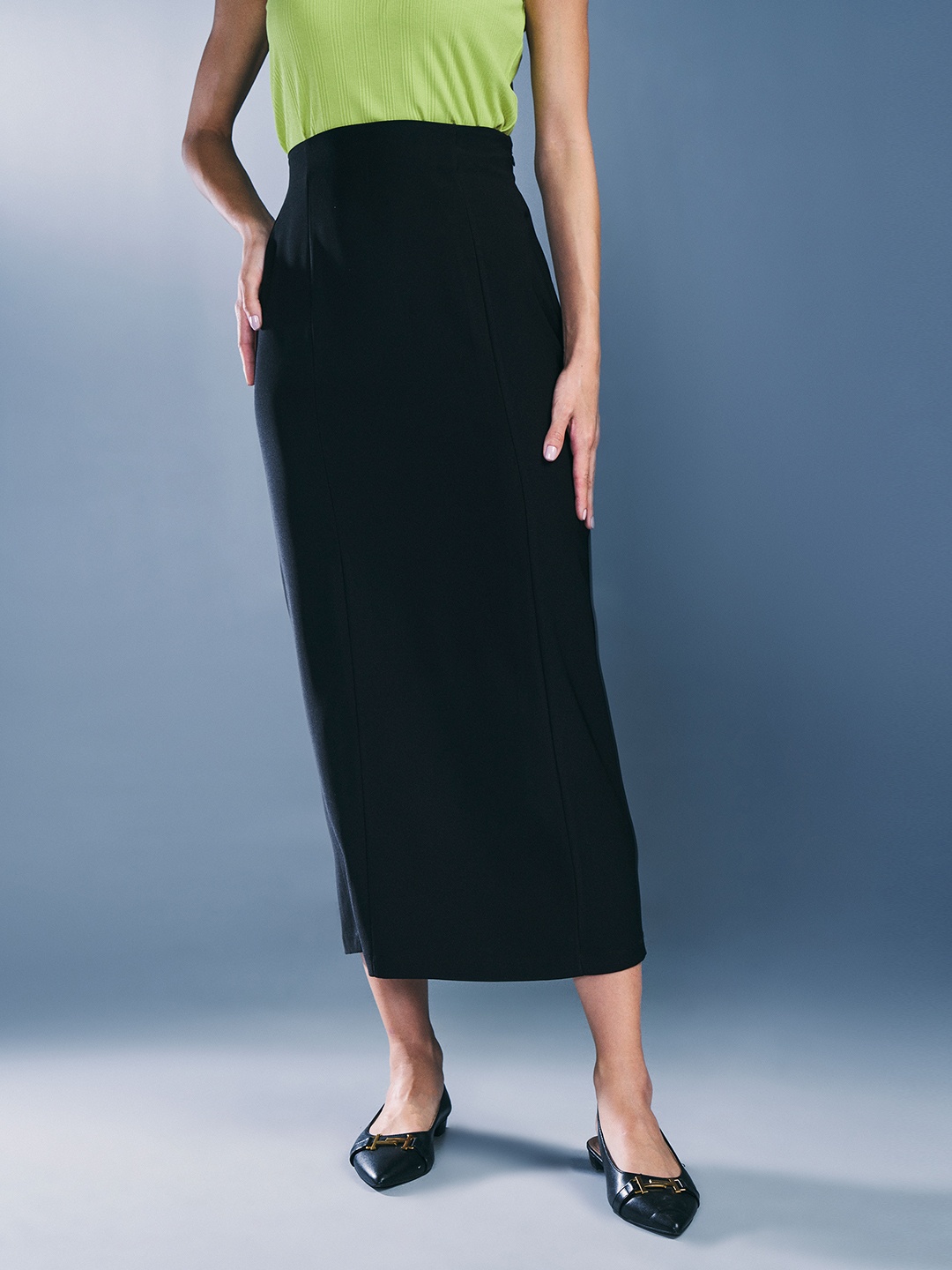

AND Mid-Rise Pencil Midi Skirt, Black