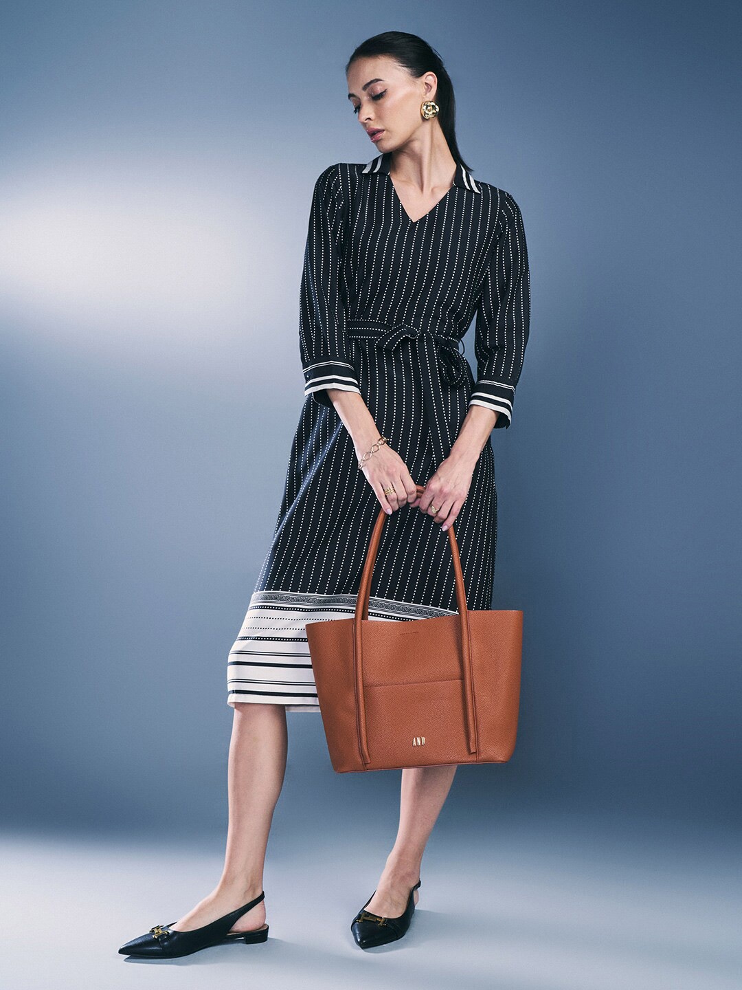 

AND V-Neck Three Quarter Sleeves Striped Shirt Dress, Black