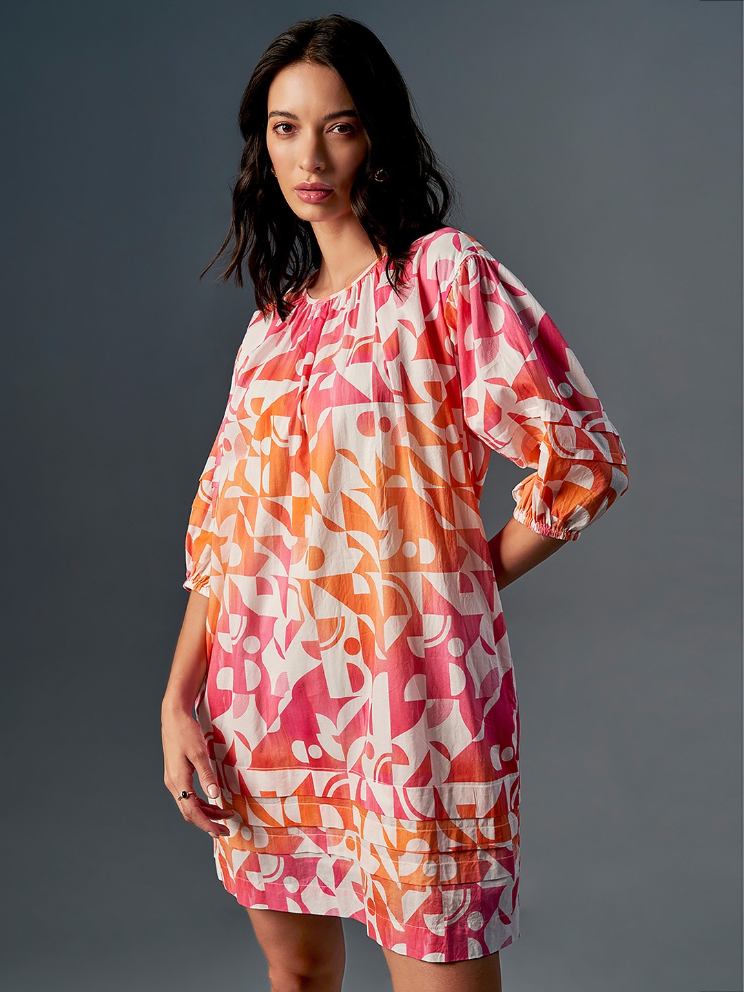 

AND Round Neck Abstract Print Puff Sleeve Fit & Flare Midi Dress, Coral