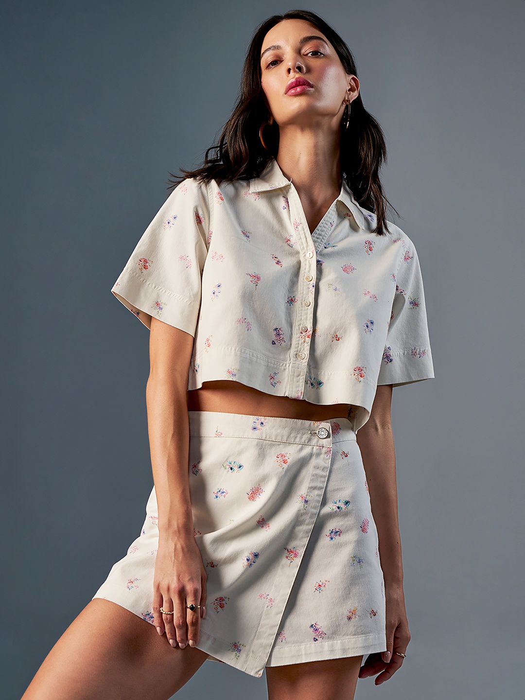 

AND Printed Short Sleeves Pure Cotton Shirt & Skort, White
