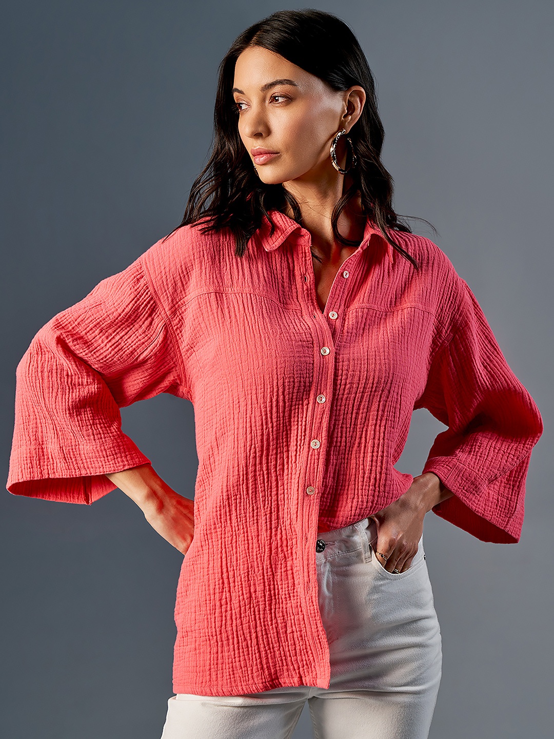 

AND Shirt Collar Flared Sleeve Cotton Shirt Style Top, Coral