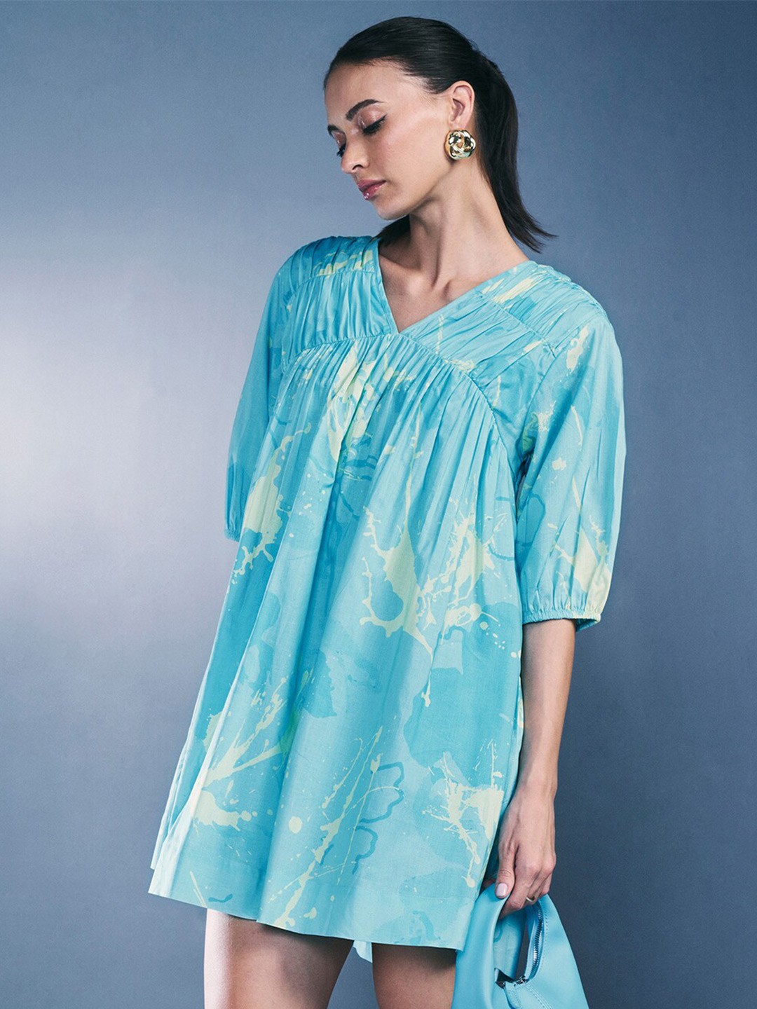 

AND Floral Printed Puff Sleeve Pure Cotton A-Line Dress, Turquoise blue
