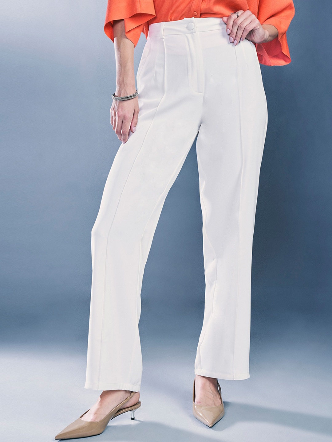 

AND Women Straight Fit Mid-Rise Pleated Plain Bootcut Trousers, White