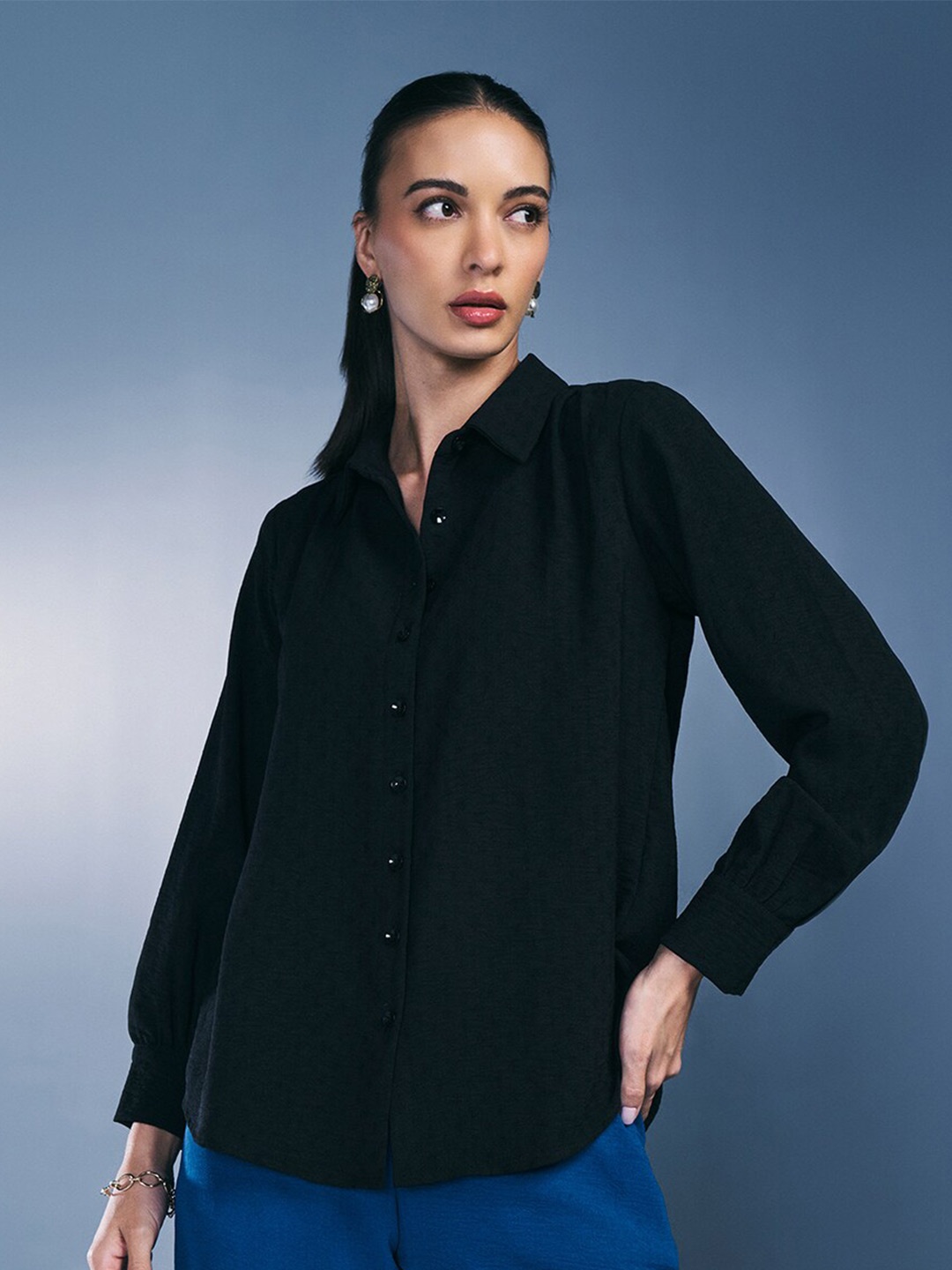 

AND Shirt Collar Cuffed Sleeves Shirt Style Top, Black