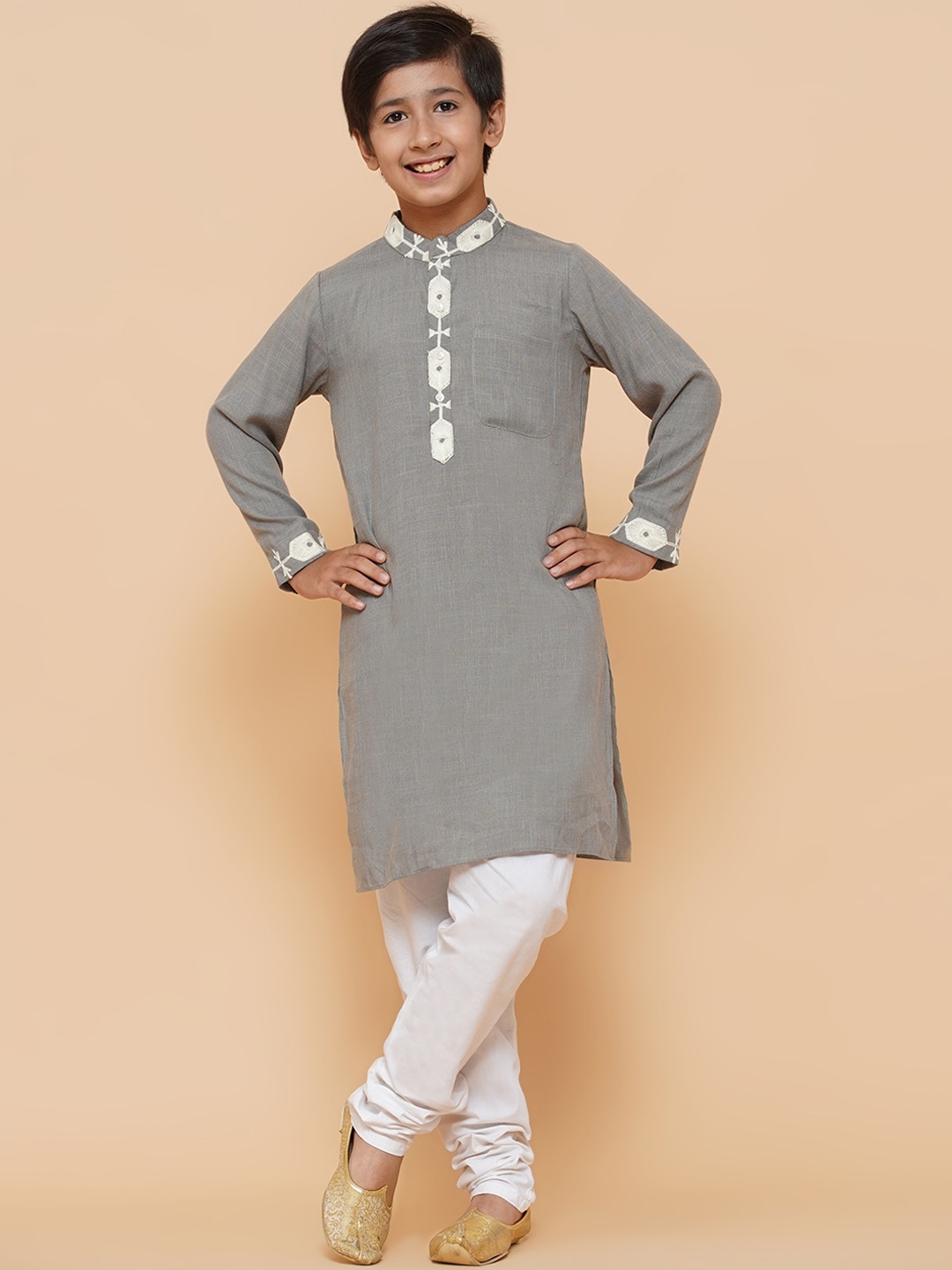 

Aks Kids Boys Ethnic Motifs Yoke Design Thread Work Detailed Straight Kurta, Grey