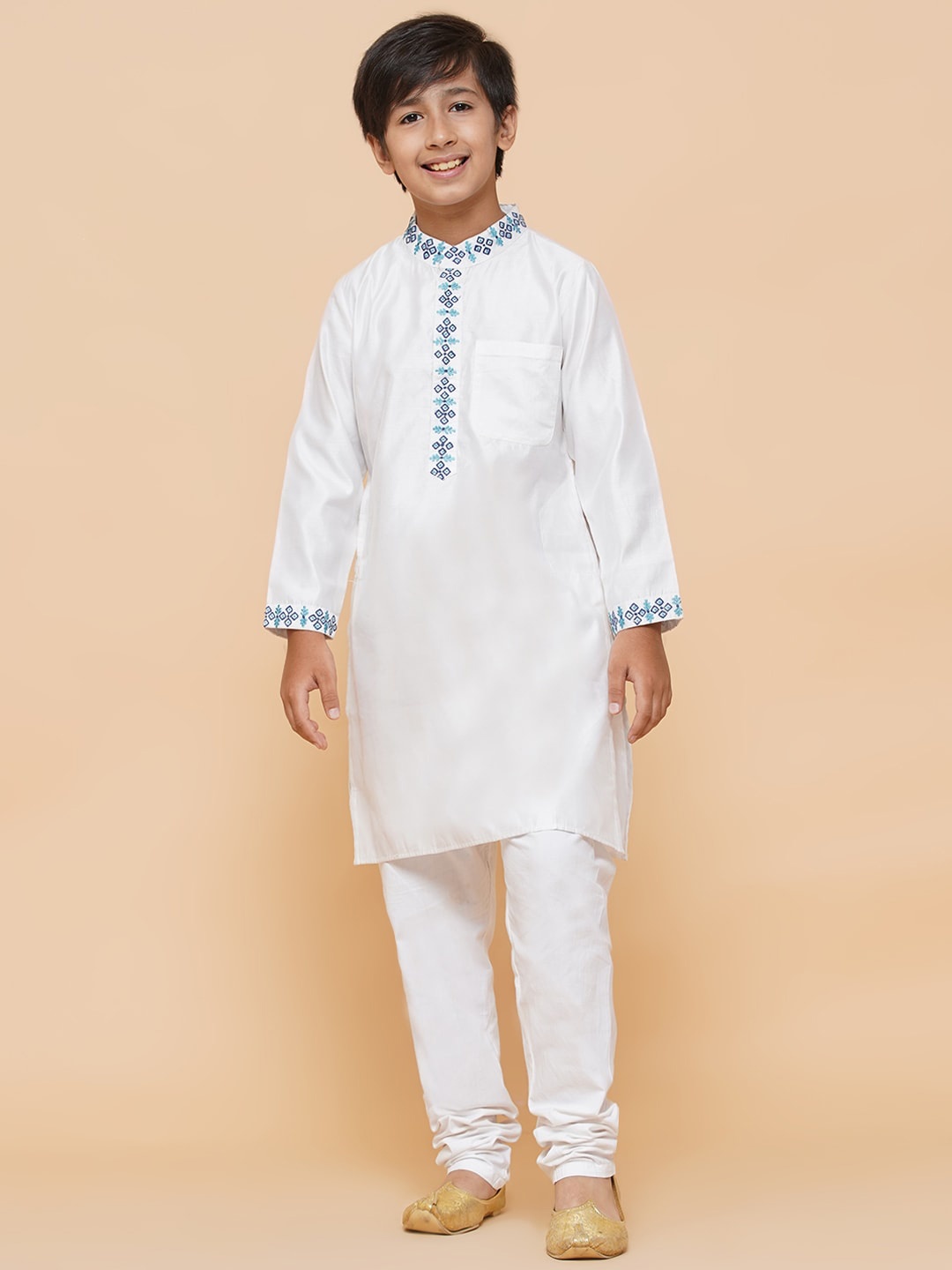 

Aks Kids Boys Ethnic Motifs Yoke Design Thread Work Detailed Chanderi Silk Straight Kurta, White