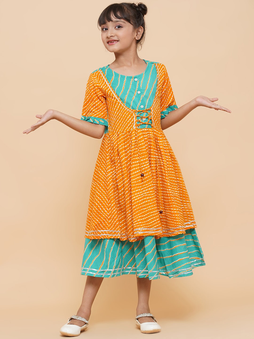 

Aks Kids Ethnic Motifs Print A-Line Midi Dress, Mustard